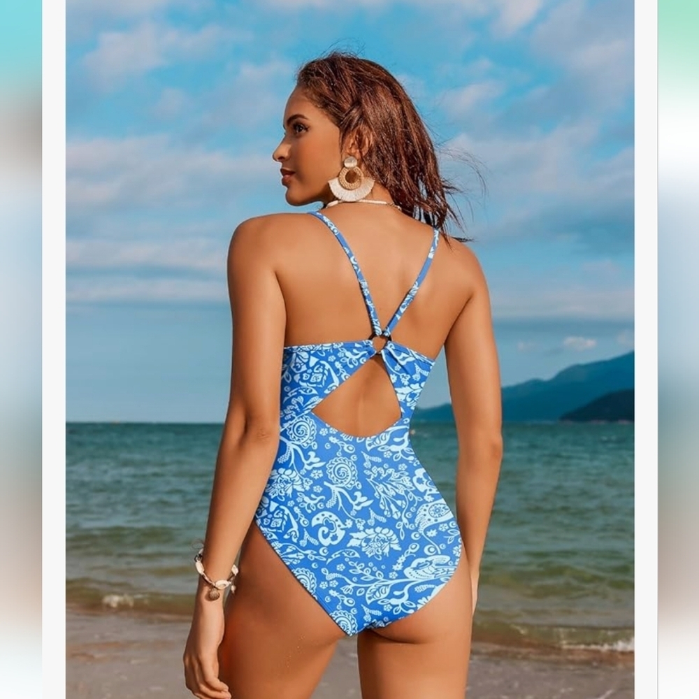 One Piece‎ Swimsuits Tummy Control Cutout High Cut Ruched Blue SZ L
